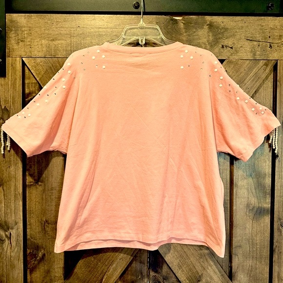 NWOT BiBi Peach Color Rhinestone and Pearl Fringe Top - Picture 7 of 14